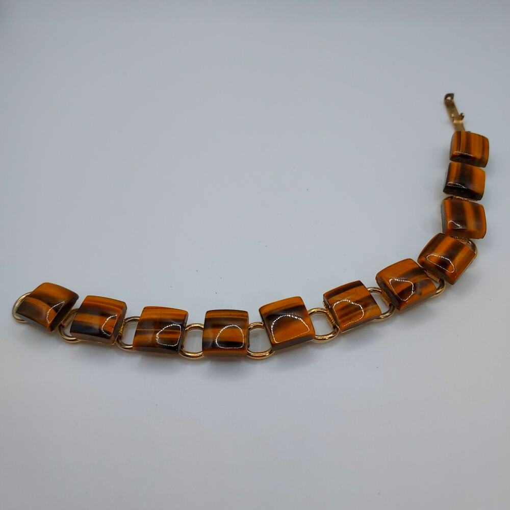 Tiger Eye Stone Square Link Bracelet 7"